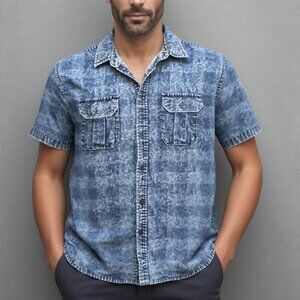 Roebuck & Co Medium Blue Denim Plaid Button Up Vintage Sears Rare Unique Shirt
